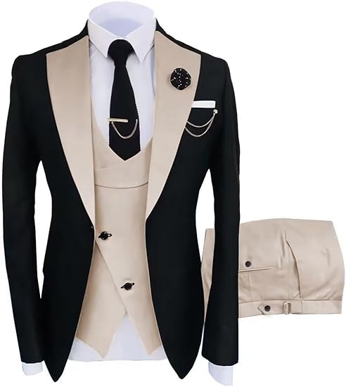 DREFEEL 3 Piece Men's Tuxedo Formal One Button Wedding Groomsmen Suit Prom Tuxedo Set