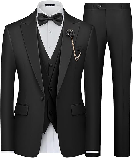 DREFEEL Men's 3 Piece Slim Fit Suit Set Blazer Jacket Vest Pants Tuxedo Set