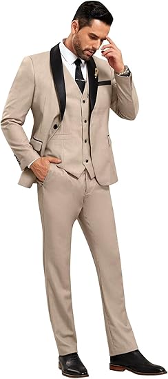 DREFEEL Men's 3 Piece Suit One Button Shawl Lapel Jacket Vest Pants Tuxedo Set