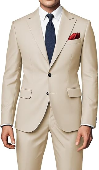 DREFEEL Men's Peak Lapel Suits 2 Piece Slim Fit Wedding Prom Business Suit