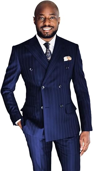 DREFEEL Men's Double Breasted Pinstripe Suit 2 Piece Set Business Formal Wedding Party Suit