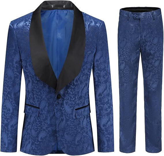 DREFEEL Men's 2 Piece Jacquard Suits Tuxedo 1 Button Shawl Collar Party Dinner Wedding Suit