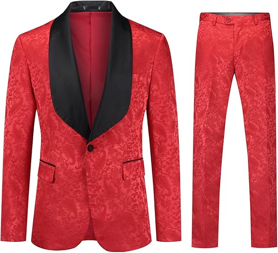 DREFEEL Men's 2 Piece Jacquard Suits Tuxedo 1 Button Shawl Collar Party Dinner Wedding Suit