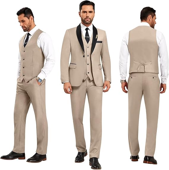 DREFEEL Men's 3 Piece Suit One Button Shawl Lapel Jacket Vest Pants Tuxedo Set