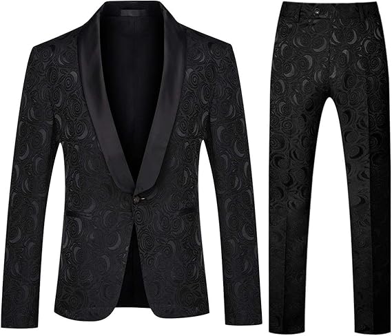 DREFEEL Men's 2 Piece Jacquard Suits Tuxedo 1 Button Shawl Collar Party Dinner Wedding Suit