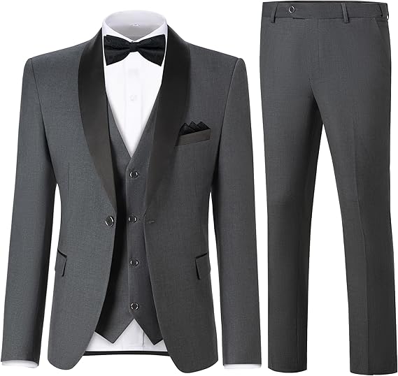 DREFEEL Men's 3 Piece Suit One Button Shawl Lapel Jacket Vest Pants Tuxedo Set