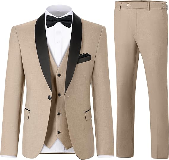 DREFEEL Men's 3 Piece Suit One Button Shawl Lapel Jacket Vest Pants Tuxedo Set