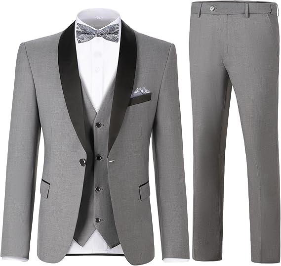 DREFEEL Men's 3 Piece Suit One Button Shawl Lapel Jacket Vest Pants Tuxedo Set